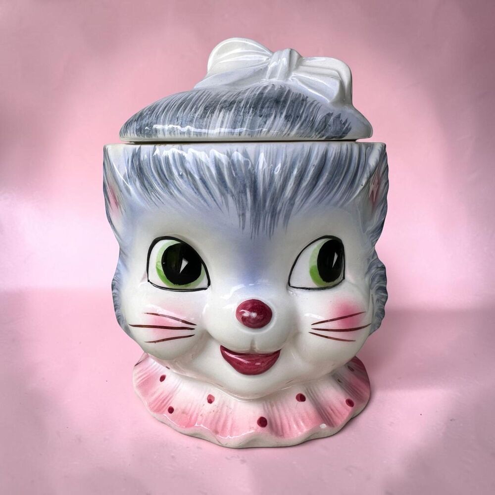 Vintage American Bisque Fluffy Kitty Cat Cookie Jar White Bow Mid Century Kitsch